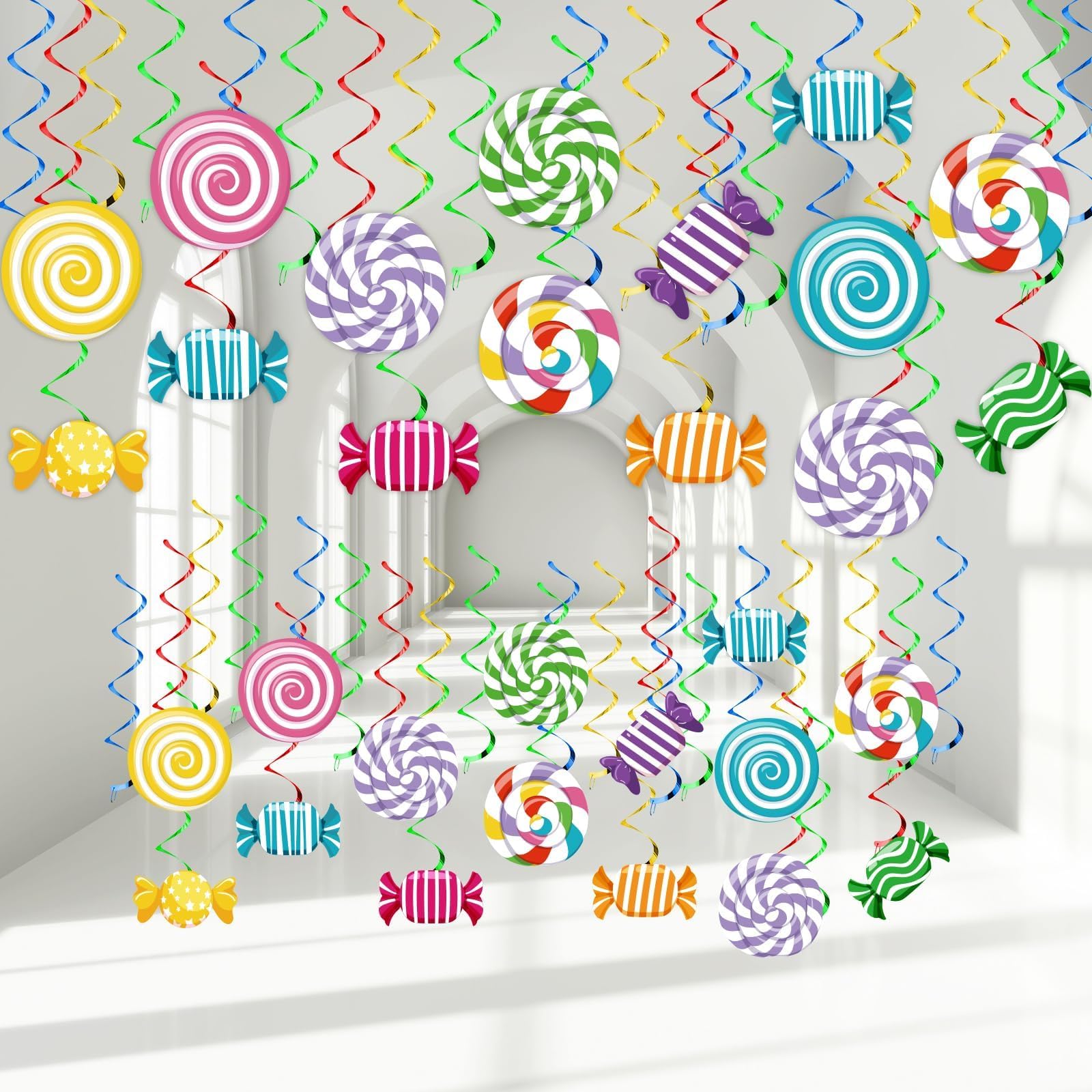 48pcs Colorful Candyland Birthday Party Swirl Decorations - Hanging Streamers, Wall & Ceiling Spirals for Baby Shower, Christmas, Candy Themed Parties - Perfect for Home, School, and Event Decorations