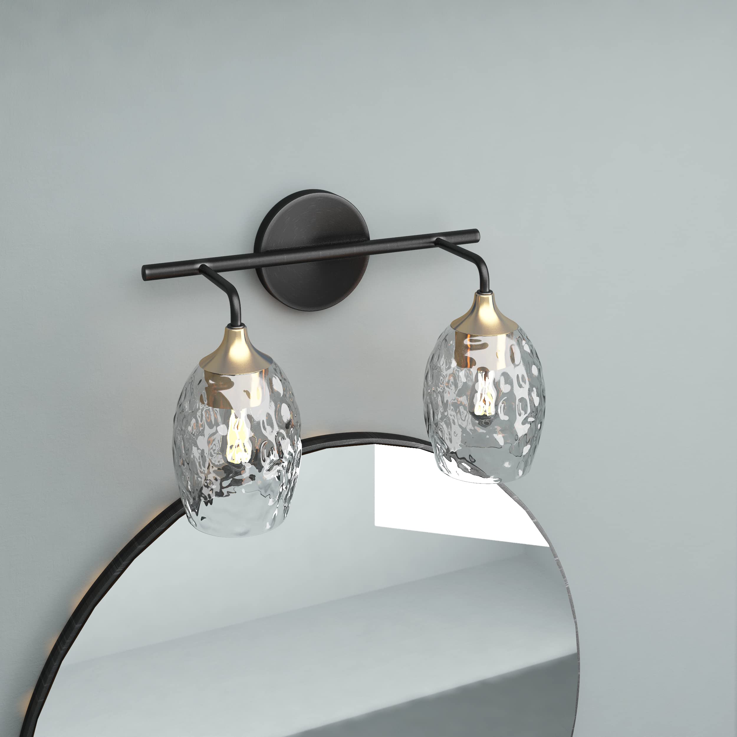 2-Light Bathroom Wall Sconce - Antique Brass Vanity Lighting with Clear Hammered Glass Shade - Elegant Fixture for Bathroom, Kitchen, Bedroom & Living Room - Perfect for Ambient & Task Lighting in Modern Homes