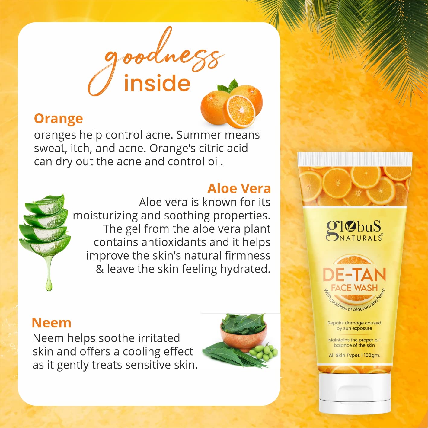 Globus Naturals De Tan Face Wash with Neem & Aloe Vera - Tan Removal, Anti-Pollution & Oil Control - Chemical Free & Cruelty Free - Suitable for All Skin Types (100g, Pack of 2) - Perfect for Daily Skincare & Sun Protection