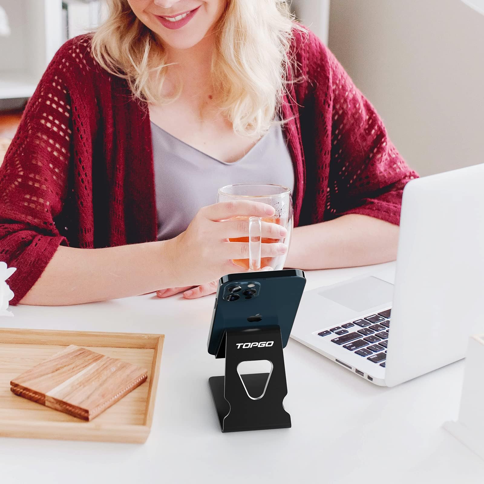 Premium Metal Phone Stand for Desk - Cable Organizer for iPhone 16/15 Pro Max & All Smartphones - Perfect for Office & Bedside Use