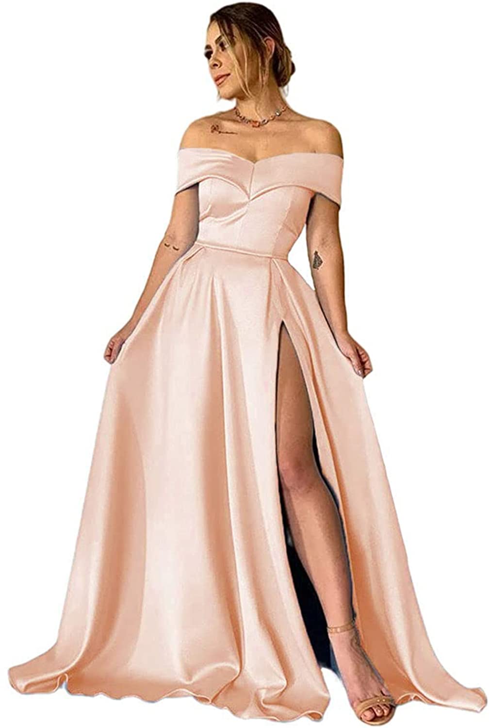 Stylefun Women's Off Shoulder Satin Prom Dress with Side Slit & Pocket - Elegant Long Formal Party Gown for Homecoming, Evening Gala & Special Occasions