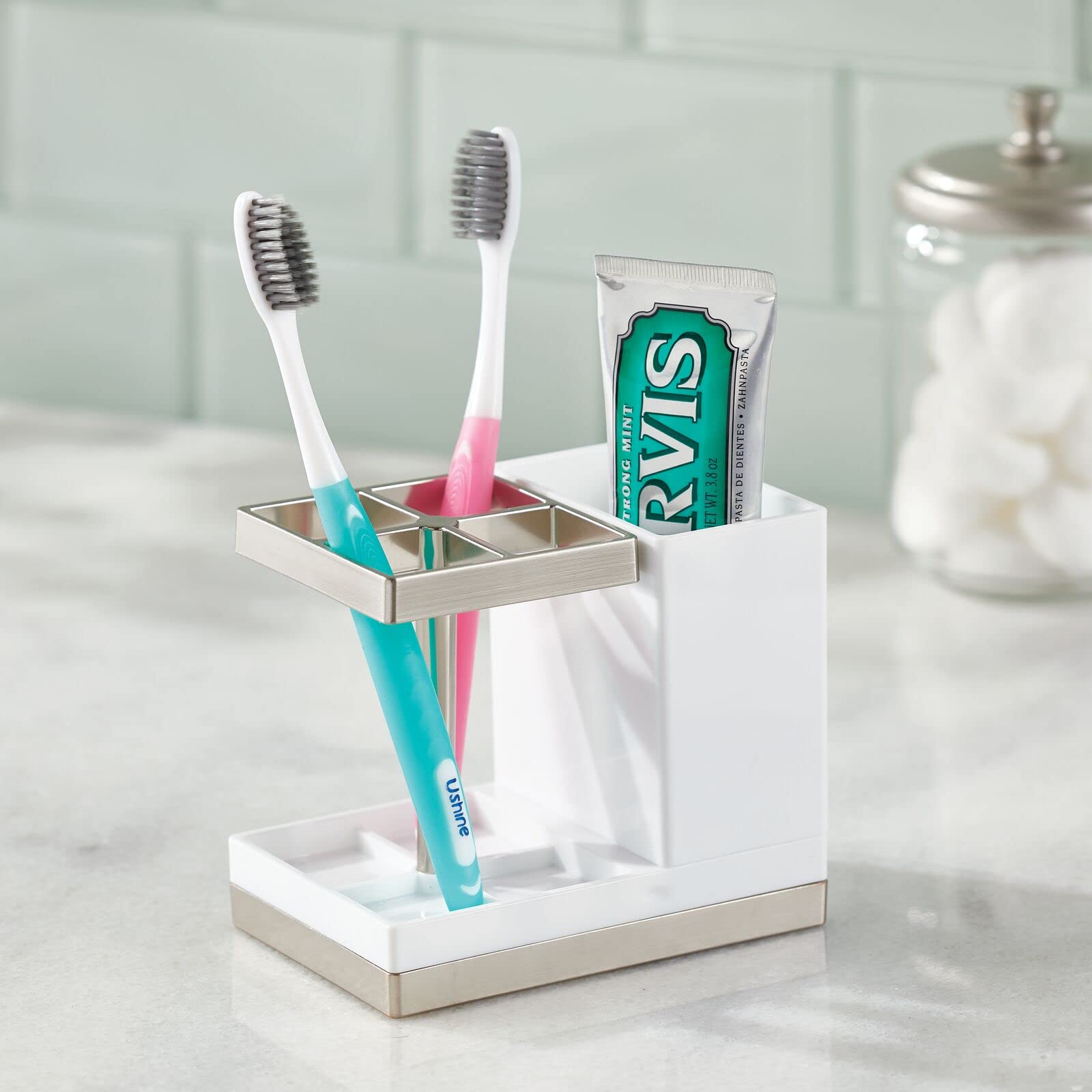 mDesign Plastic Toothbrush & Toothpaste Holder - Bathroom Countertop Organizer for Toothbrushes, Beauty Accessories & Toiletries - Lumiere Collection in White/Brushed - Perfect for Small Spaces, Vanity Organization & Travel Essentials Storage