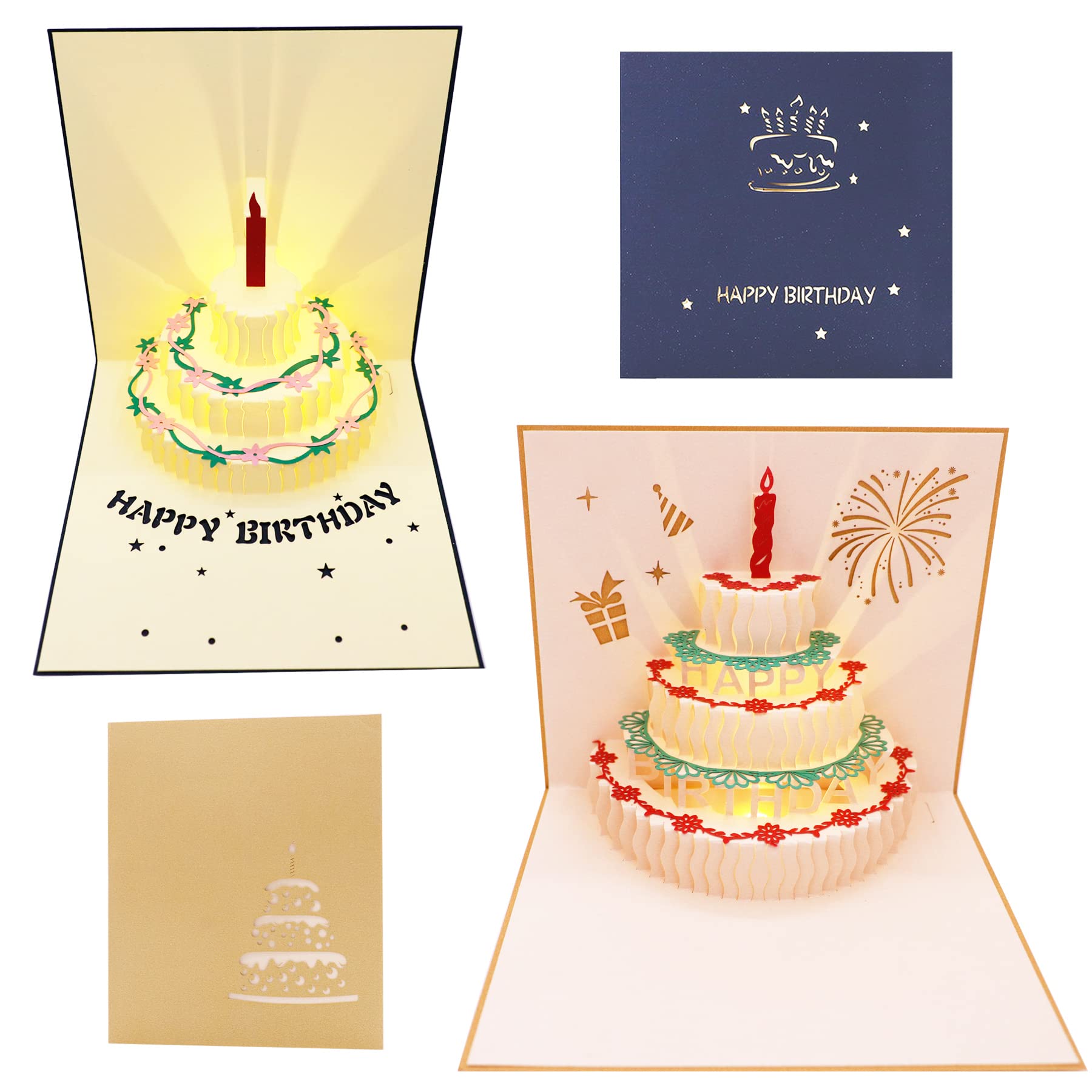 3D Pop Up Birthday Card with Auto-Play Music & LED Lights - Best Greeting Cards for Kids, Mom, Wife, Sisters, Friends (2 Pack Blue & Gold) - Perfect for Birthday Surprises, Party Favors & Special Occasions