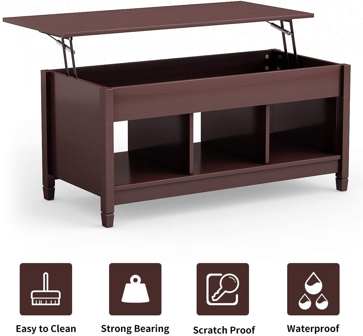 Modern Moccha Wood Lift Top Coffee Table with Hidden Storage & Open Shelf - Espresso Finish for Living Room, Office & Reception Areas | Space-Saving Pop-Up Design for Dining, Working & Entertaining