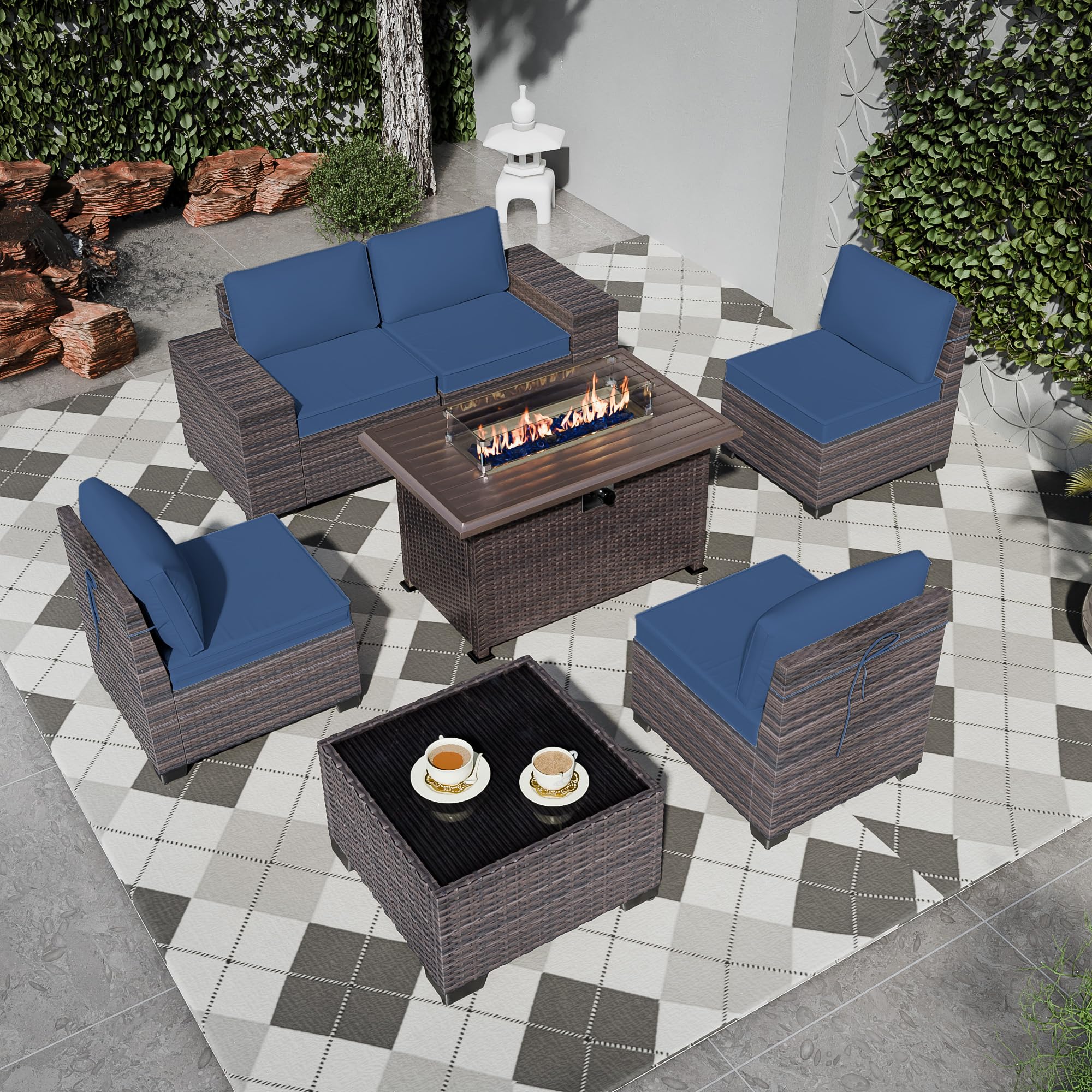7-Piece Outdoor Patio Furniture Set with Propane Fire Pit - High Back PE Wicker Rattan Sofa Conversation Set - Sectional Patio Furniture with Tempered Glass Table & Gas Fire Pit (Navy Blue) - Perfect for Backyard, Garden, Poolside & Outdoor Entertaining