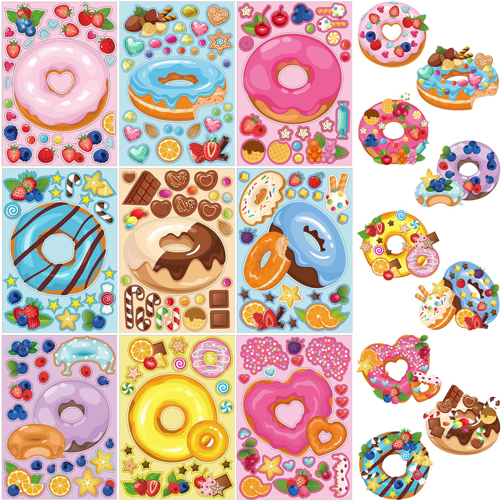 Geyee 36 Sheets Donut Stickers for Kids - DIY Face Making, Dessert Mix & Match, Party Decorations - Perfect for Birthday Games, Coloring Books & Themed Treats (Great for Classroom Activities, Craft Parties & Creative Play)