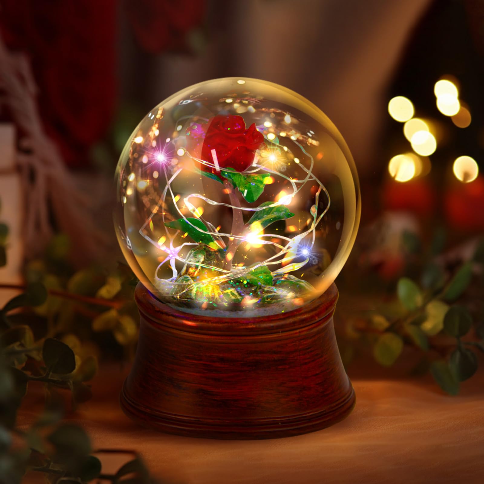 LED Light Up Rose Snow Globe Music Box with Preserved Red Flower - Romantic Water Globe Gift for Women, Girls (Mother's Day, Anniversary, Christmas) - Perfect for Bedroom Decor, Wedding Centerpiece & Valentine's Day Surprise