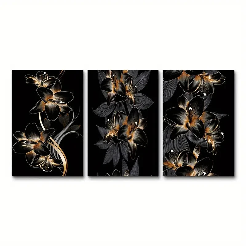 3-Piece Black and Gold Classic Metal Wall Art Prints - Ready to Hang Home Decor for Living Room, Bedroom & Office