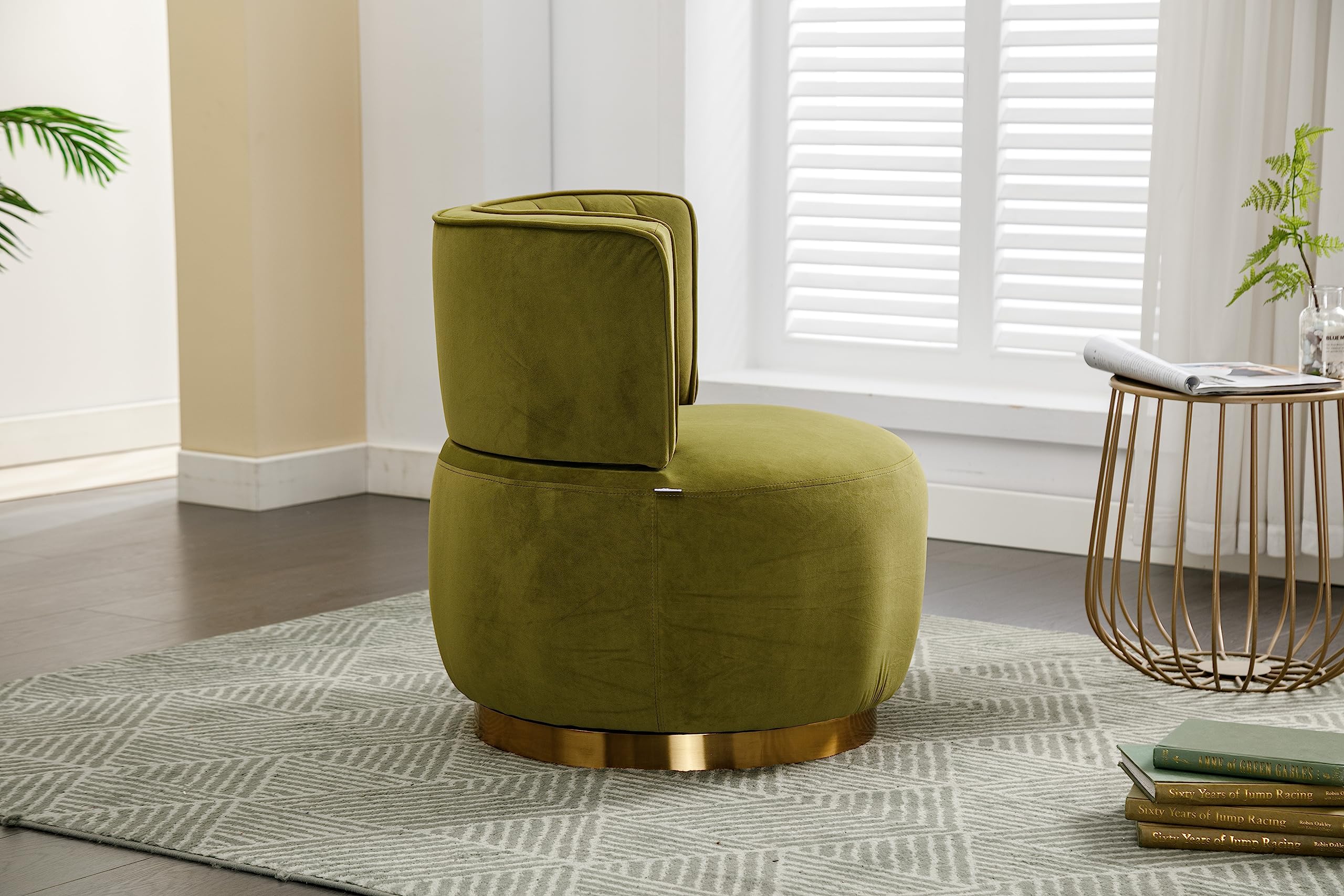 360-Degree Swivel Barrel Chairs Set of 2 - Modern Velvet Upholstered Armchairs with Gold Accent & Sherpa Comfort for Living Room, Bedroom, Office or Nursery - Perfect for Relaxing, Reading & Entertaining (Olive Green)