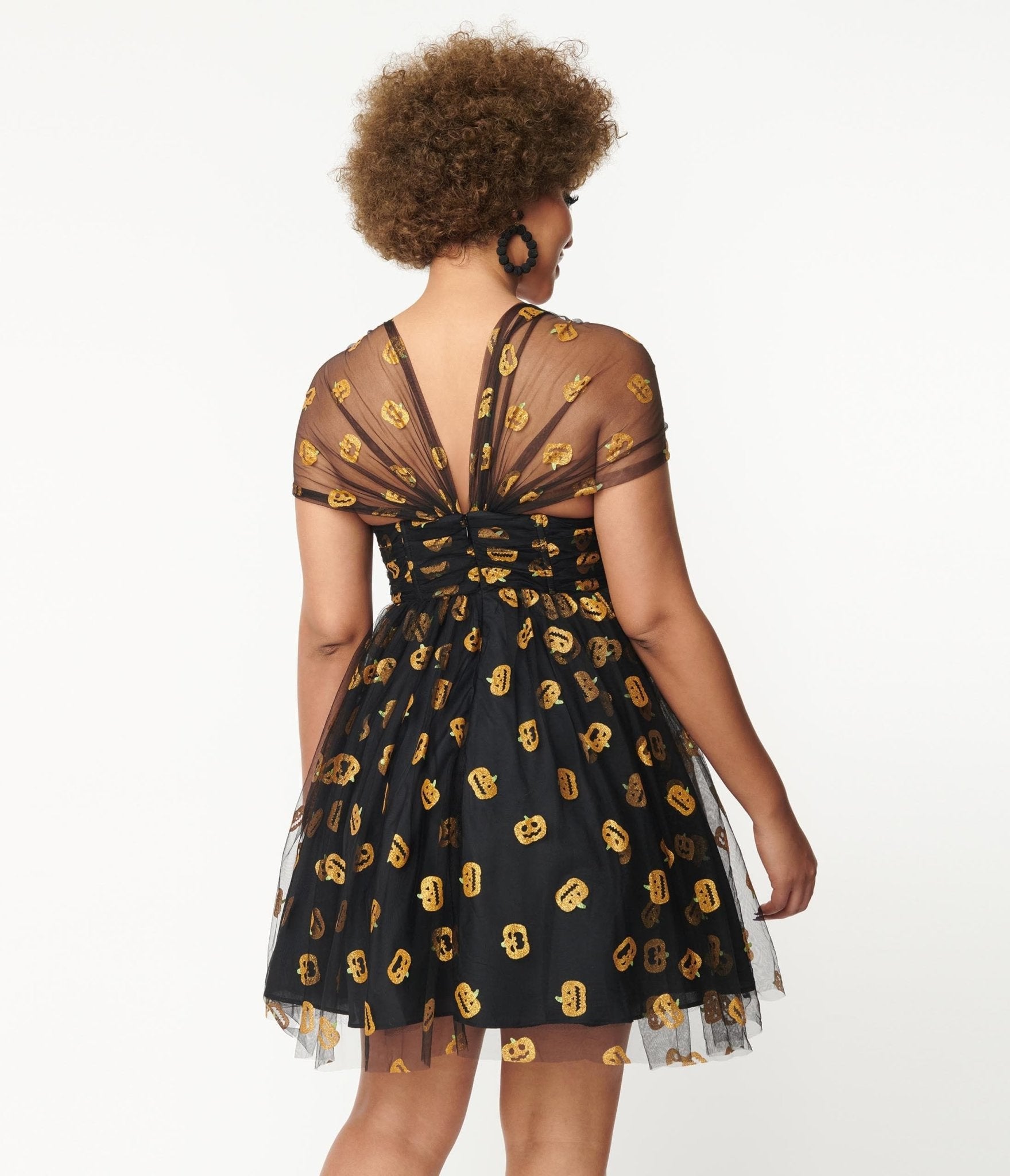 Vintage Black & Pumpkin Print Babydoll Dress - Retro Floral Swing Dress for Women, Halloween Party Outfit, Fall Festival Fashion, Date Night & Special Occasion Wear