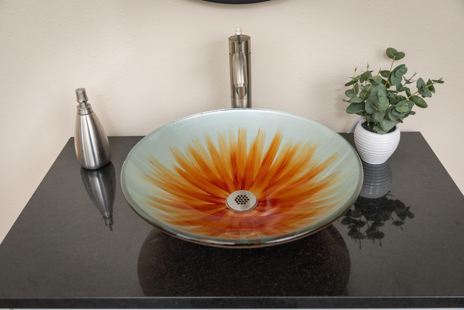 Orange Flower Blossom Large Round Glass Vessel Sink for Bathroom Vanity - Modern Freestanding Basin for Powder Room, Guest Bath & Master Suite