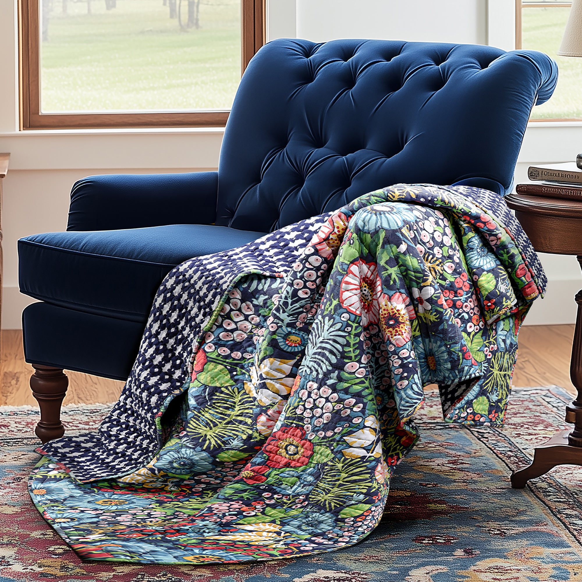 Night Garden Quilted Throw Blanket - Soft Floral Pattern Bedspread for Couch, Bed & Outdoor Use - Cozy Home Decor Gift for Women & Men