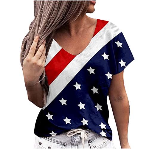 Women's 4th of July V-Neck Blouse - Patriotic Independence Day T-Shirt & Loose Fit Tunic Top - American Flag Print Casual Tee for BBQ, Fireworks & Summer Celebrations