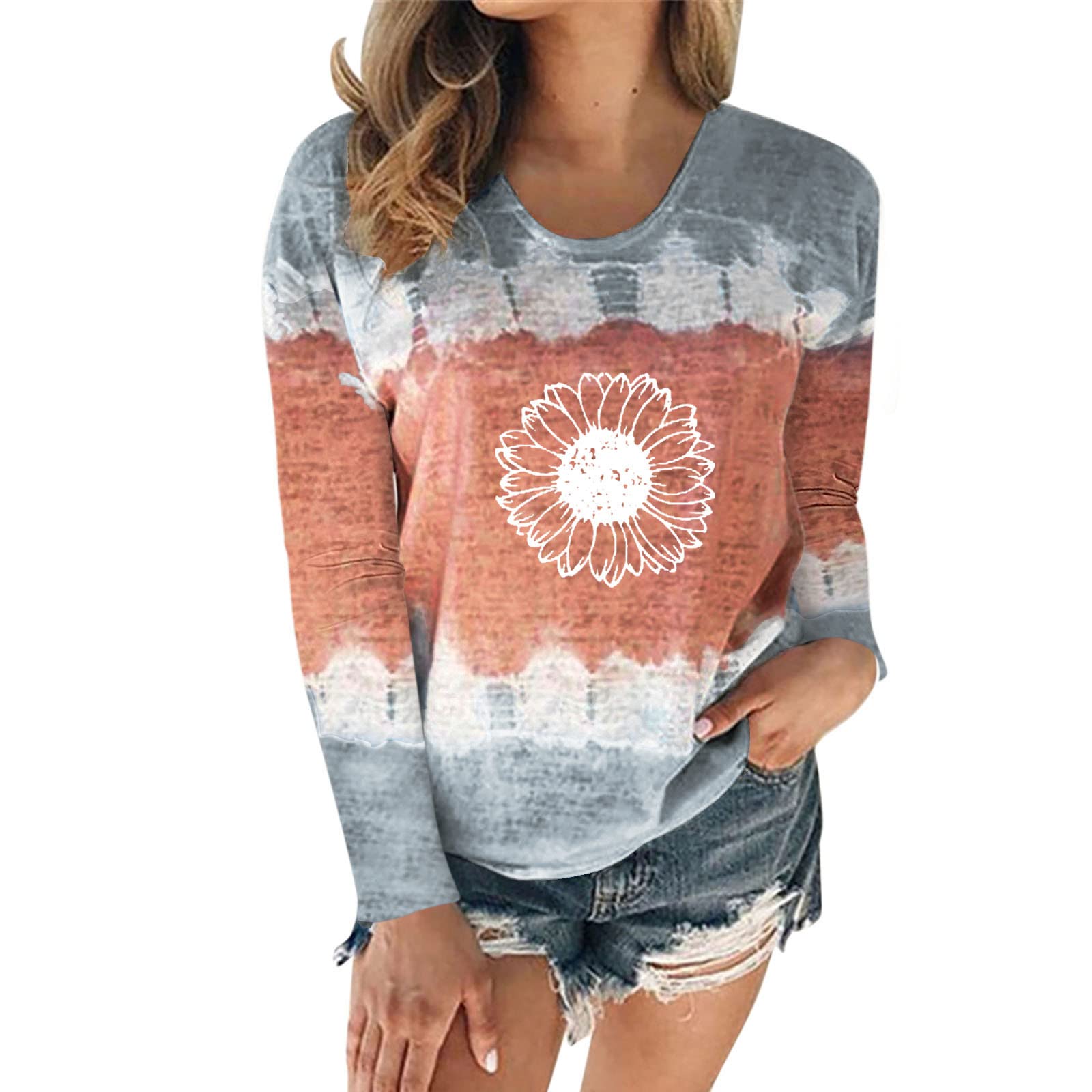 Women's Casual Tie-Dye Long Sleeve T-Shirt - Soft Round Neck Blouse Top (Large Size) for Everyday Wear, Street Style & Boho Fashion