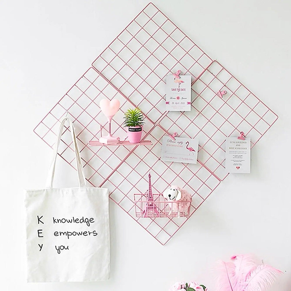 Pink Wall Grid Organizer - Stylish Pegboard for Home & Office Organization - Perfect for Bedroom, Kitchen, and Workspace Decor
