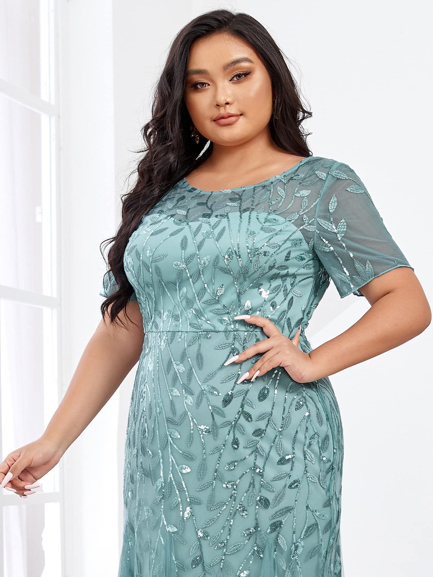 Ever-Pretty Women's Plus Size Embroidery Sequin Short Sleeve Bodycon Maxi Dress 07707-PZUSA | Elegant Formal Gown for Weddings, Parties & Special Occasions