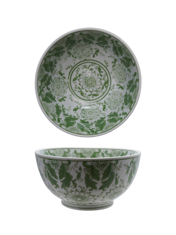 Eco-Friendly Green Patterned Stoneware Bowl - Handcrafted Ceramic Serving Bowl for Salads, Soups & Desserts - Perfect for Dining, Entertaining & Home Decor