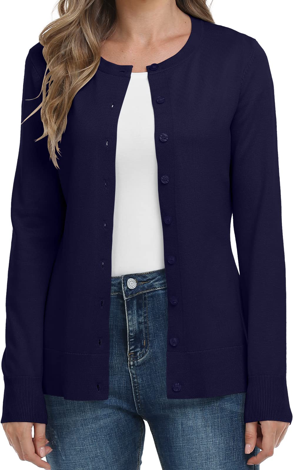 YUNDAI Women's Cardigan Sweater - Classic Crew Neck Long Sleeve Button Down Blouse for Fall | Perfect for Office Wear, Casual Outfits & Layering in Cool Weather