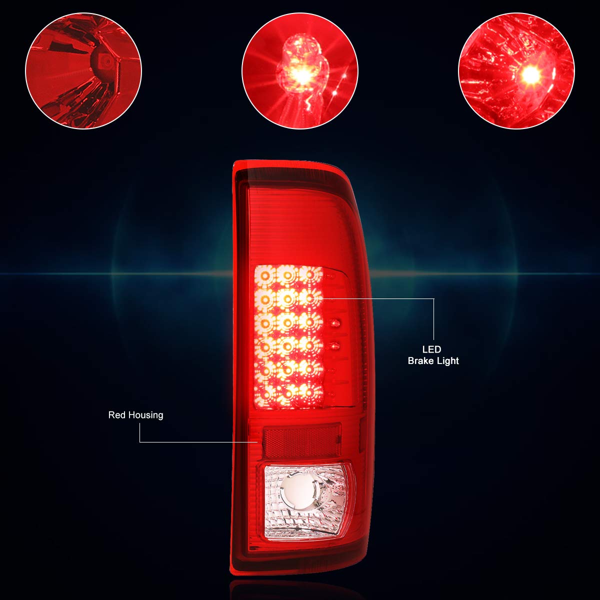 PM PERFORMOTOR Full LED Tail Lights Brake Lamps Assembly for 97-07 Ford F250 F350 F450 F550 Super Duty - Chrome Housing with Red Lens - Enhanced Visibility & Safety for Night Driving & Towing