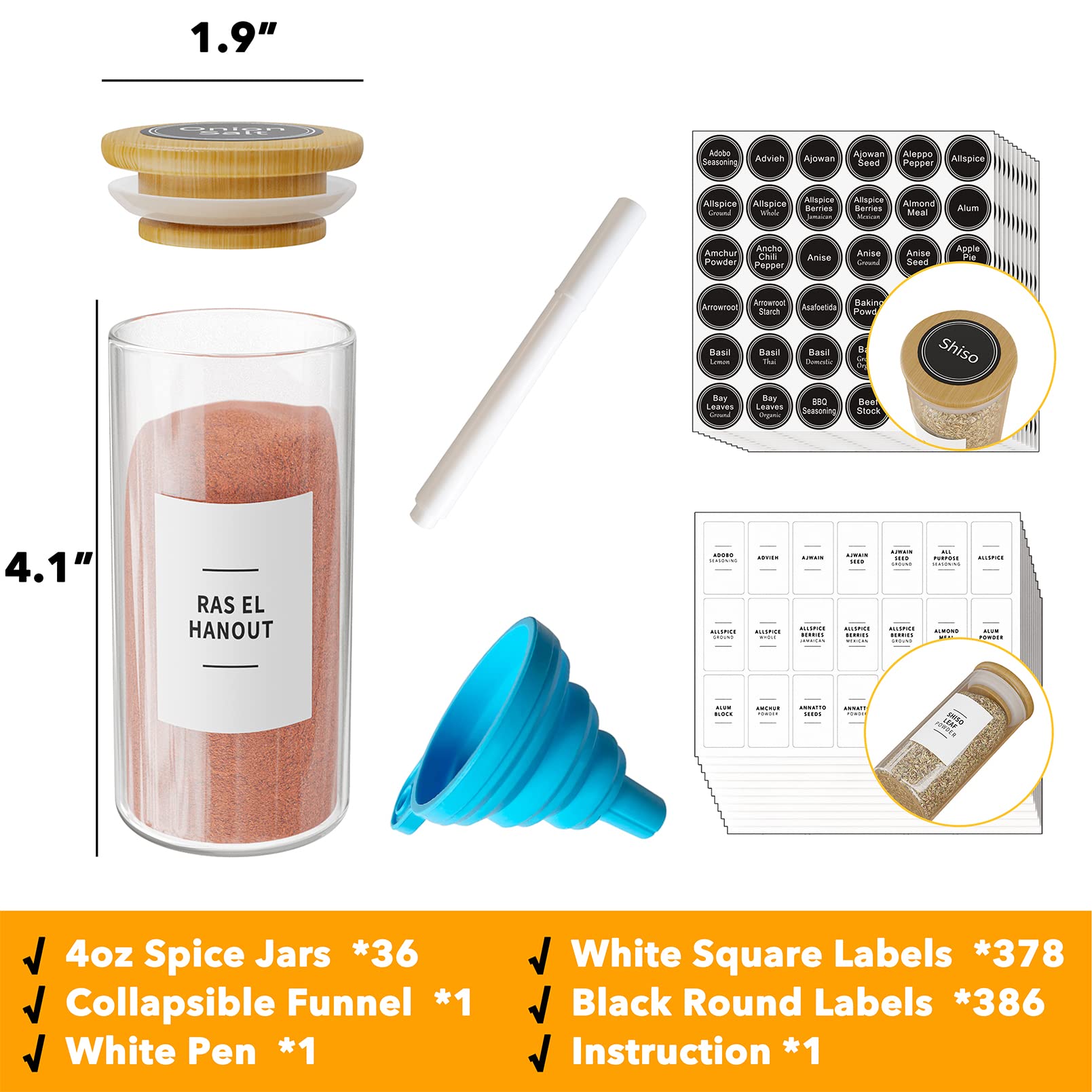 SpaceAid 36-Piece Empty 4oz Glass Spice Jars with Bamboo Lids & Labels - Minimalist Farmhouse Spice Containers with Funnel - Perfect for Kitchen Spice Rack, Pantry Organization & DIY Seasoning Storage - Ideal for Home Chefs, Meal Prep & Gift Giving