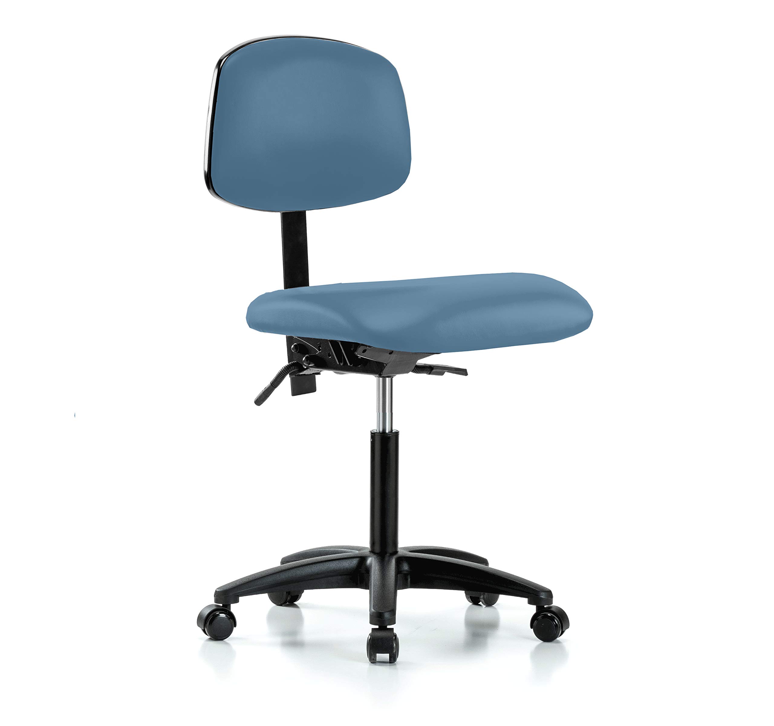 Adjustable Rolling Lab Chair with Back Support - Colonial Blue Vinyl Stool for Hardwood & Tile Floors - Perfect for Workbenches, Laboratories & Home Offices