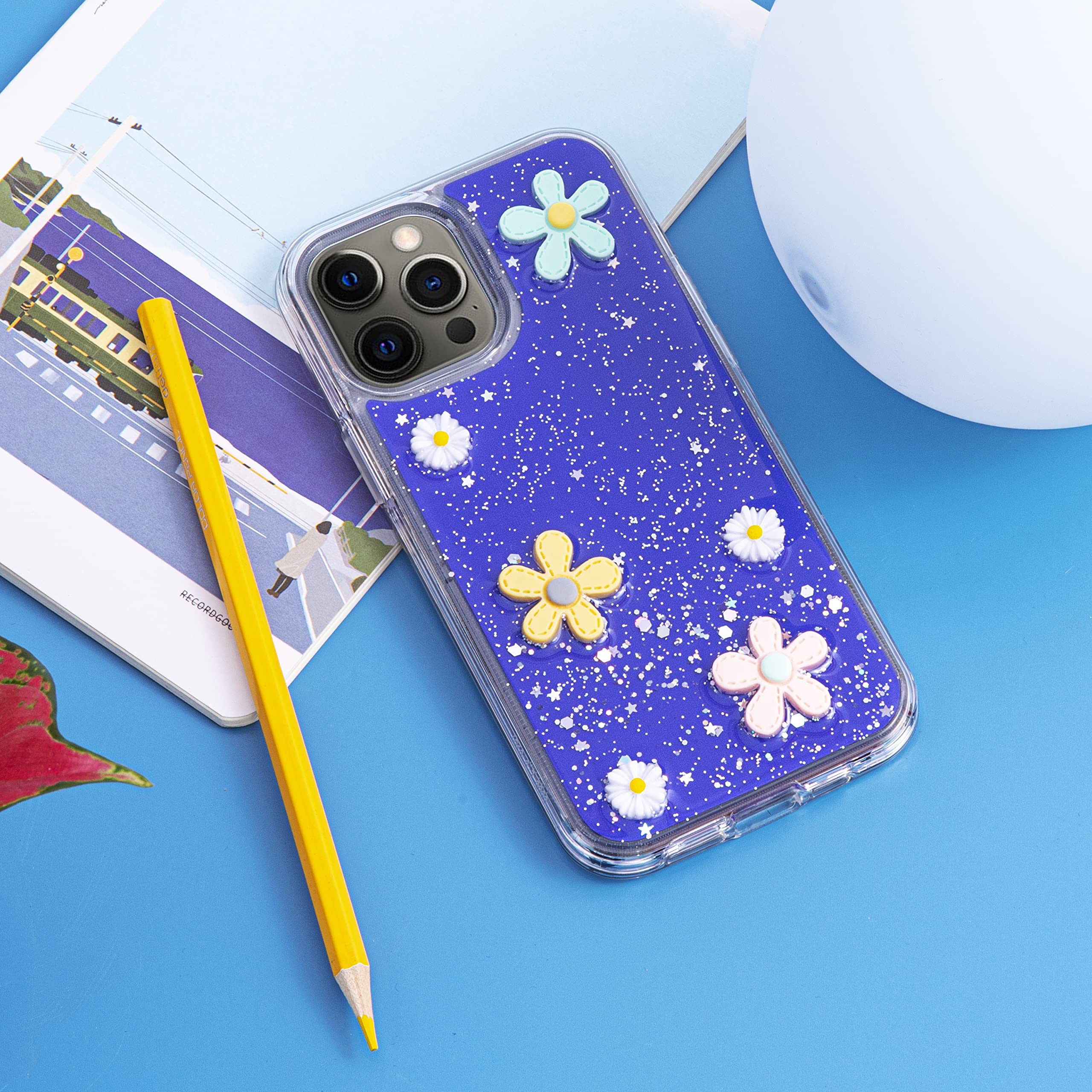 Shockproof iPhone 12 Pro Max Case with Daisy Flower Design - Anti-Scratch Full Body Protection, Cute Glitter Cover for Women (Blue) | Perfect for Everyday Use, Outdoor Activities & Gift Giving