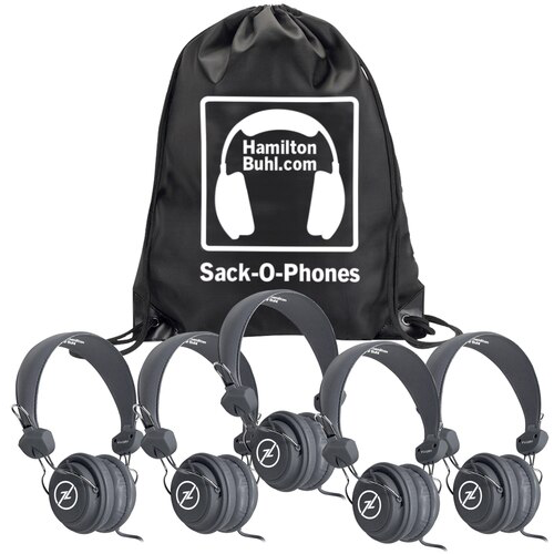 HamiltonBuhl Sack O'Phones Favoritz Headphones with In-Line Microphone & TRRS Plug - 5 Pack (3 Colors) - Perfect for Classroom, Library & Group Learning Activities