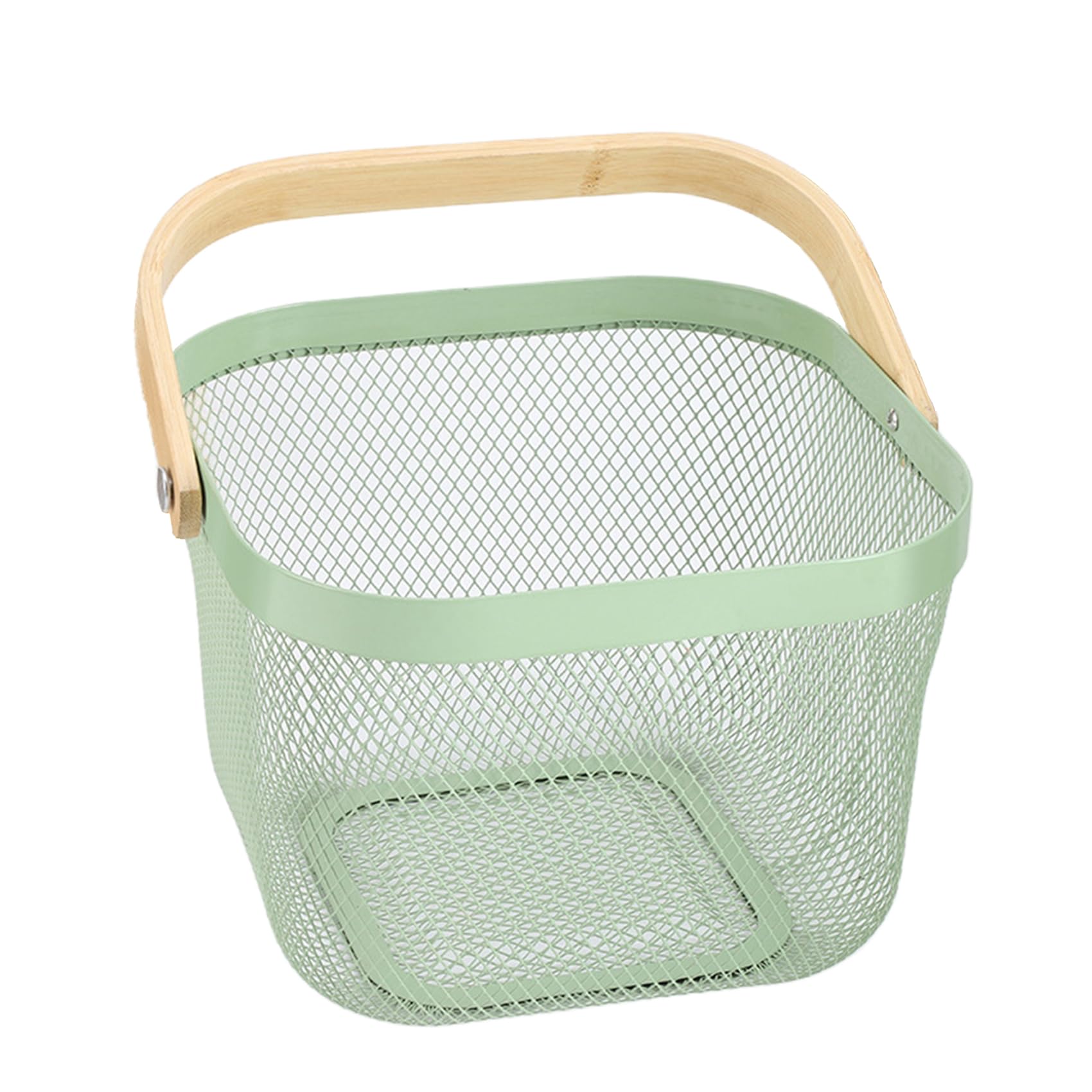Stainless Steel Mesh Storage Basket with Bamboo Handle - 9.84 x 10.2 x 7 Inch Mint Green Organizer for Kitchen, Bathroom, Office & Laundry - Perfect for Fruits, Vegetables, Toys & Household Items