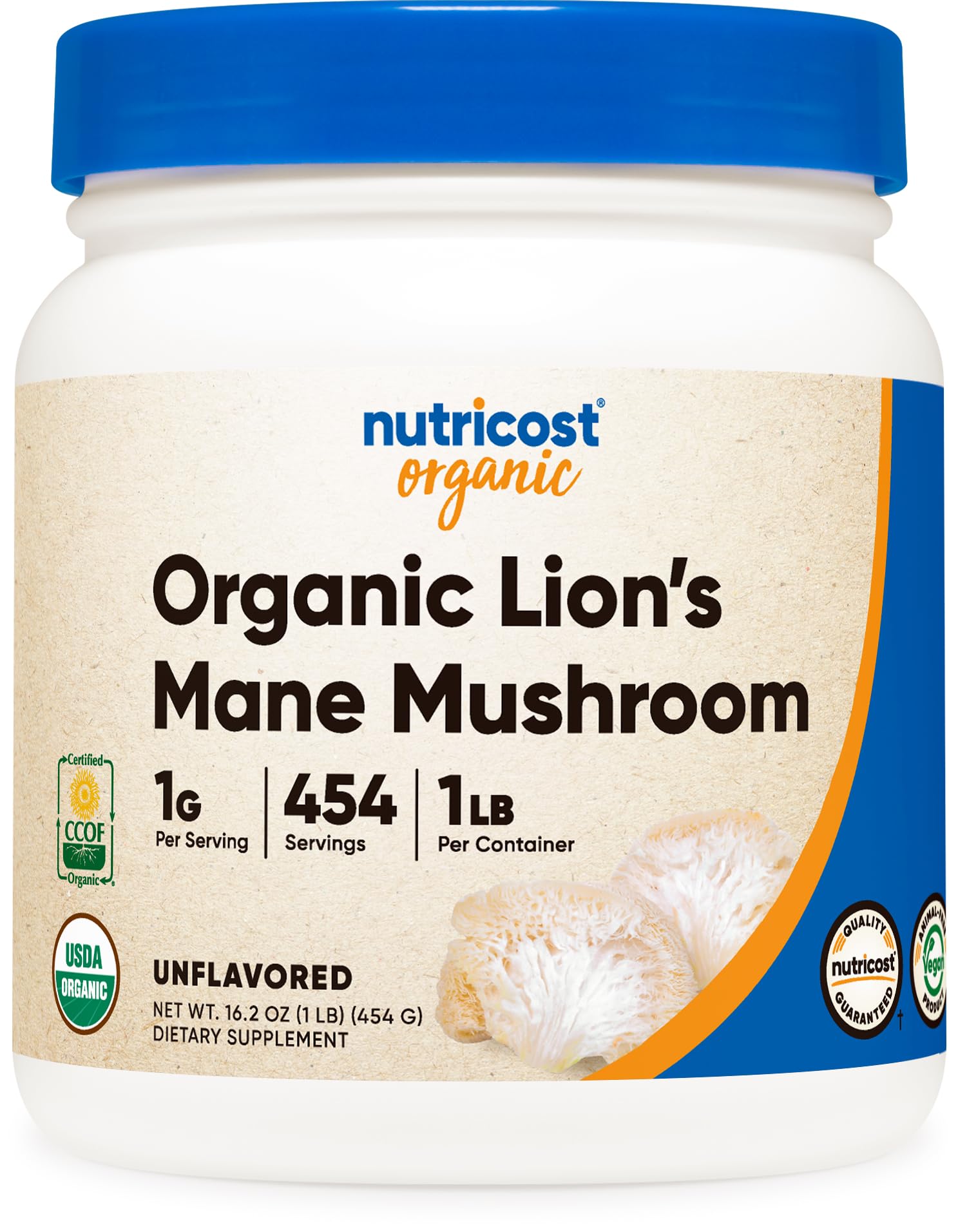 Nutricost Organic Lion's Mane Mushroom Powder 1LB (16oz) - USDA Certified Organic, Vegan, Gluten-Free - Supports Brain Health & Focus - Perfect for Coffee, Smoothies & Baking