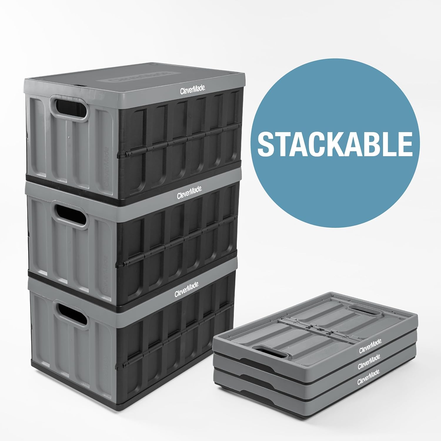 CleverMade Collapsible Storage Bins with Lids - 3 Pack 62L Stackable Plastic Containers for Home Organization | Space-Saving Closet & Garage Storage Bins | Durable Collapsible Crates for Toys, Clothes & Seasonal Items