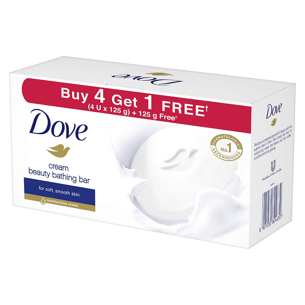 Dove Cream Beauty Bathing Bar (Pack of 5) 125g Each - 24 Hour Nourished Skin with ¼ Moisturizing Cream & Nutrient Serum - Gentle Cleansing for Dry & Sensitive Skin - Perfect for Daily Shower & Spa Relaxation