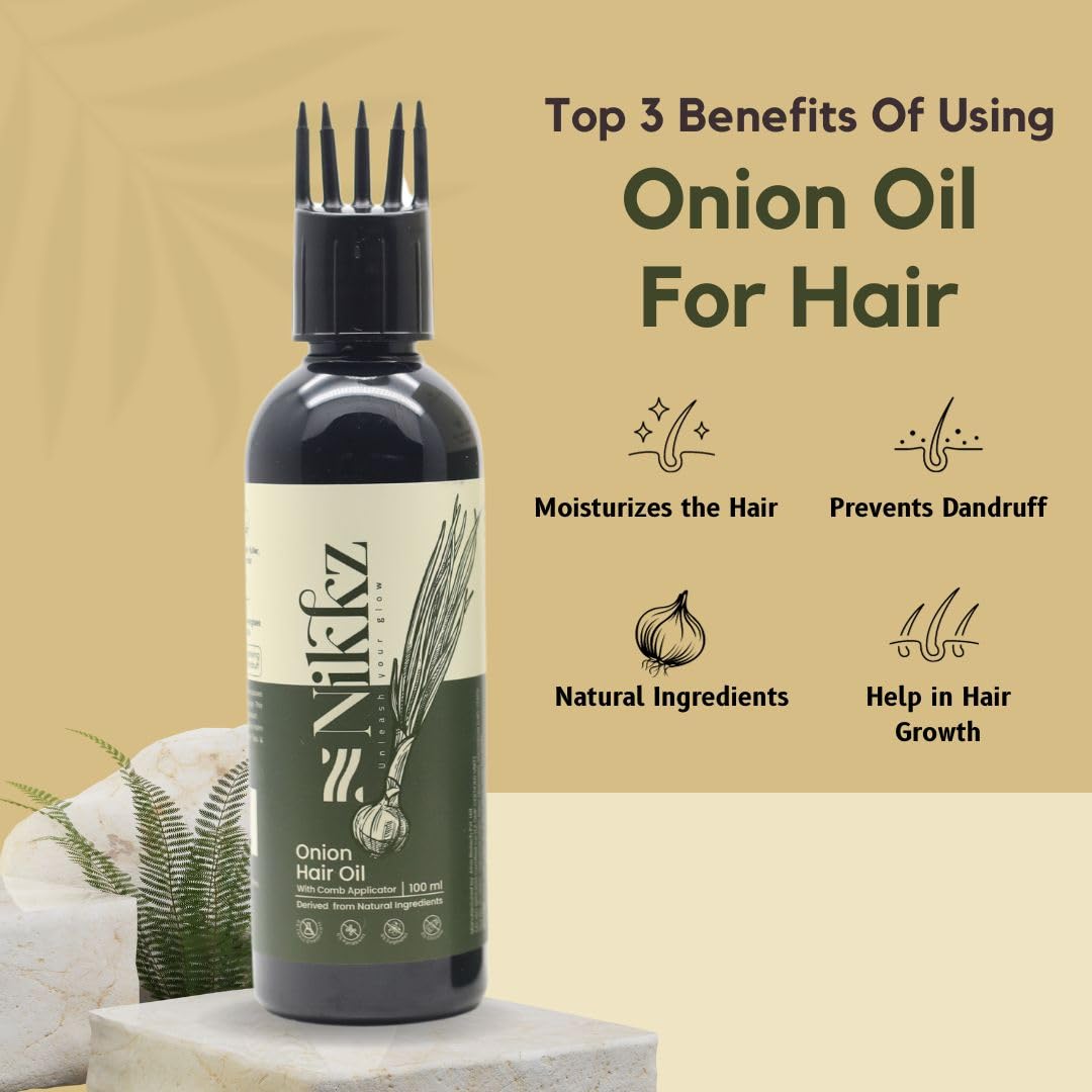 Nikkz Onion Hair Oil for Hair Growth & Hair Fall Control - 100ml | Nourishes, Strengthens & Revitalizes Hair | Promotes Thicker, Healthier Locks | Perfect for Daily Scalp Massage & Damaged Hair Repair