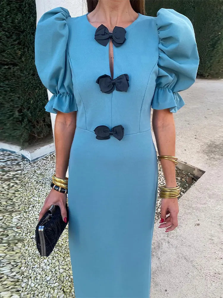 Elegant Women's Short Puff Sleeve Bow Midi Dress - Solid Color Round Neck Slim Fit Party Club Dress for Casual Outings, Cocktail Events & Special Occasions