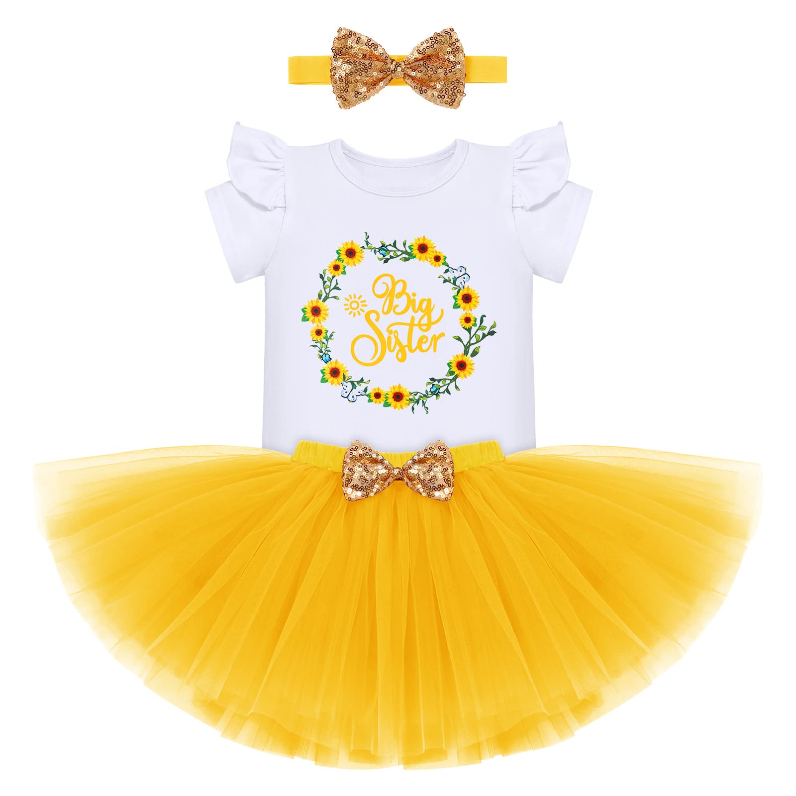 Big Sister Little Sister Matching Outfits for Toddler & Baby Girls - 3PCS Short Sleeve Top, Romper Skirt & Headband Set - Cute Sibling Coordinating Clothes for Family Photos, Birthday Parties & Special Occasions