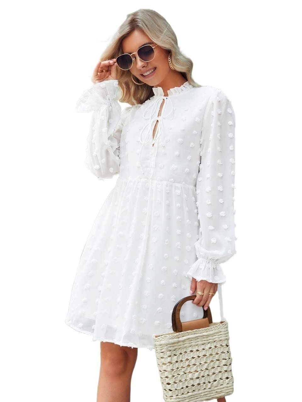 2022 Women's Summer Swiss Dot Dress with Knot Front & Flounce Sleeve - Casual Smock Dress for Beach, Vacation, and Outdoor Parties