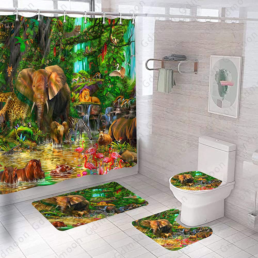Forest Animal Shower Curtain - Waterproof 72x72 Inch Rainforest Jungle Bath Curtain with 12 Hooks, Featuring Giraffe Elephant Leopard Tropical Safari Design for Kids & Adults - Perfect for Bathroom Decor, Nursery, and Jungle Theme Parties