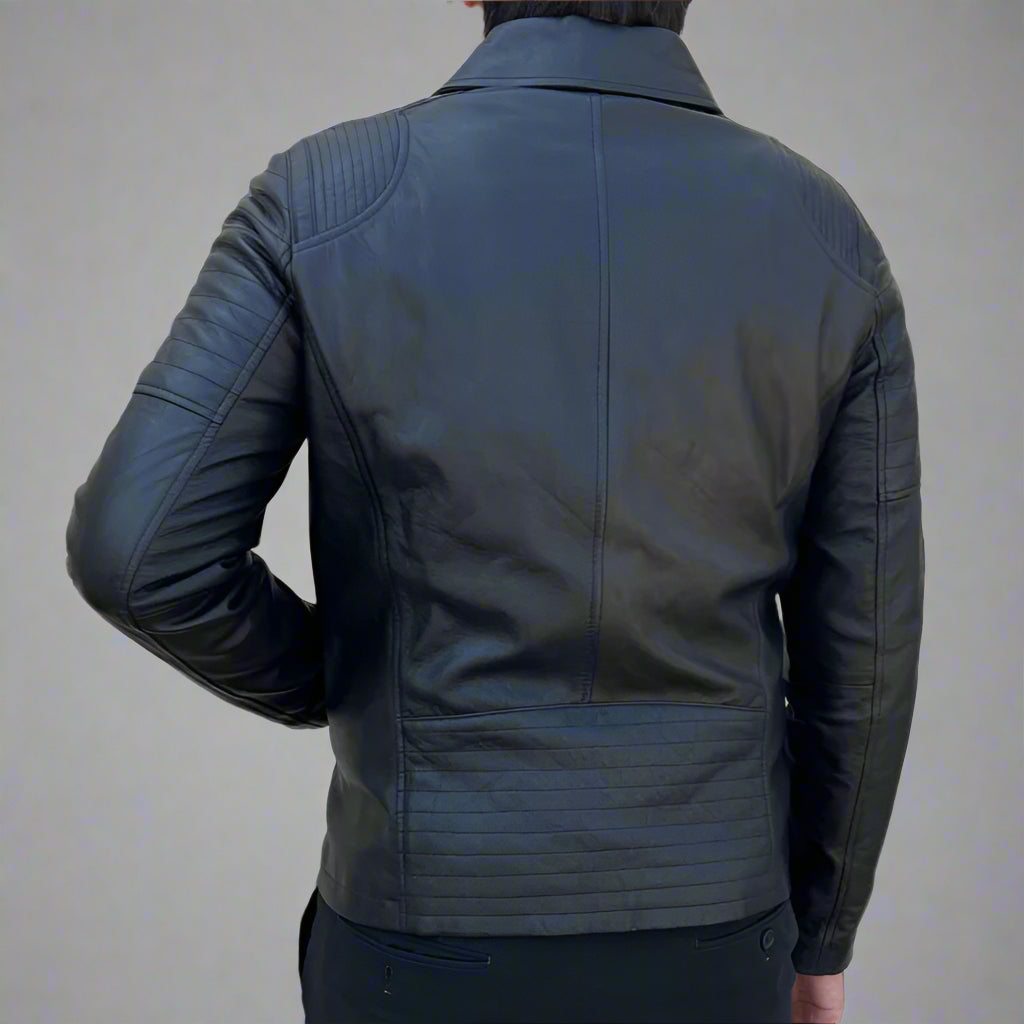 Men's Classic Quilted Shoulder Sheep Leather Jacket with 2 Pockets - Warm Winter Outerwear for Casual & Motorcycle Riding
