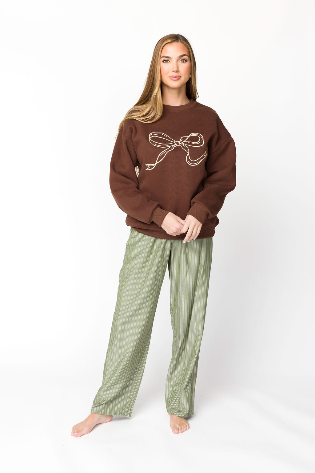 Claire Embroidered Bow Sweatshirt for Women - Chocolate Brown Pullover with Floral Embroidery | Cozy Casual Wear for Fall & Winter | Perfect for Coffee Dates, Shopping & Weekend Outings