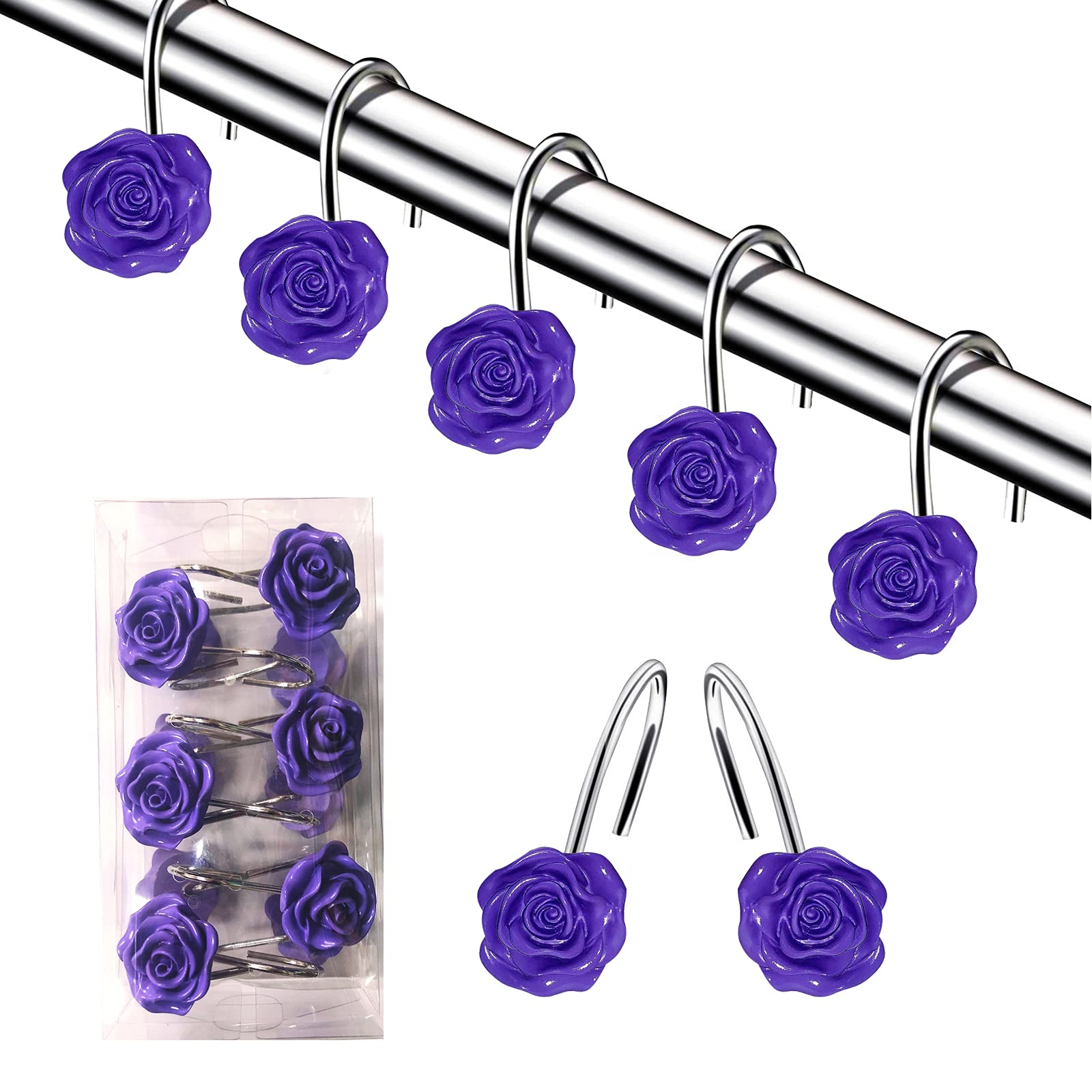 Rose Design Anti-Rust Shower Curtain Hooks - 12 PCS Purple for Bathroom Decor