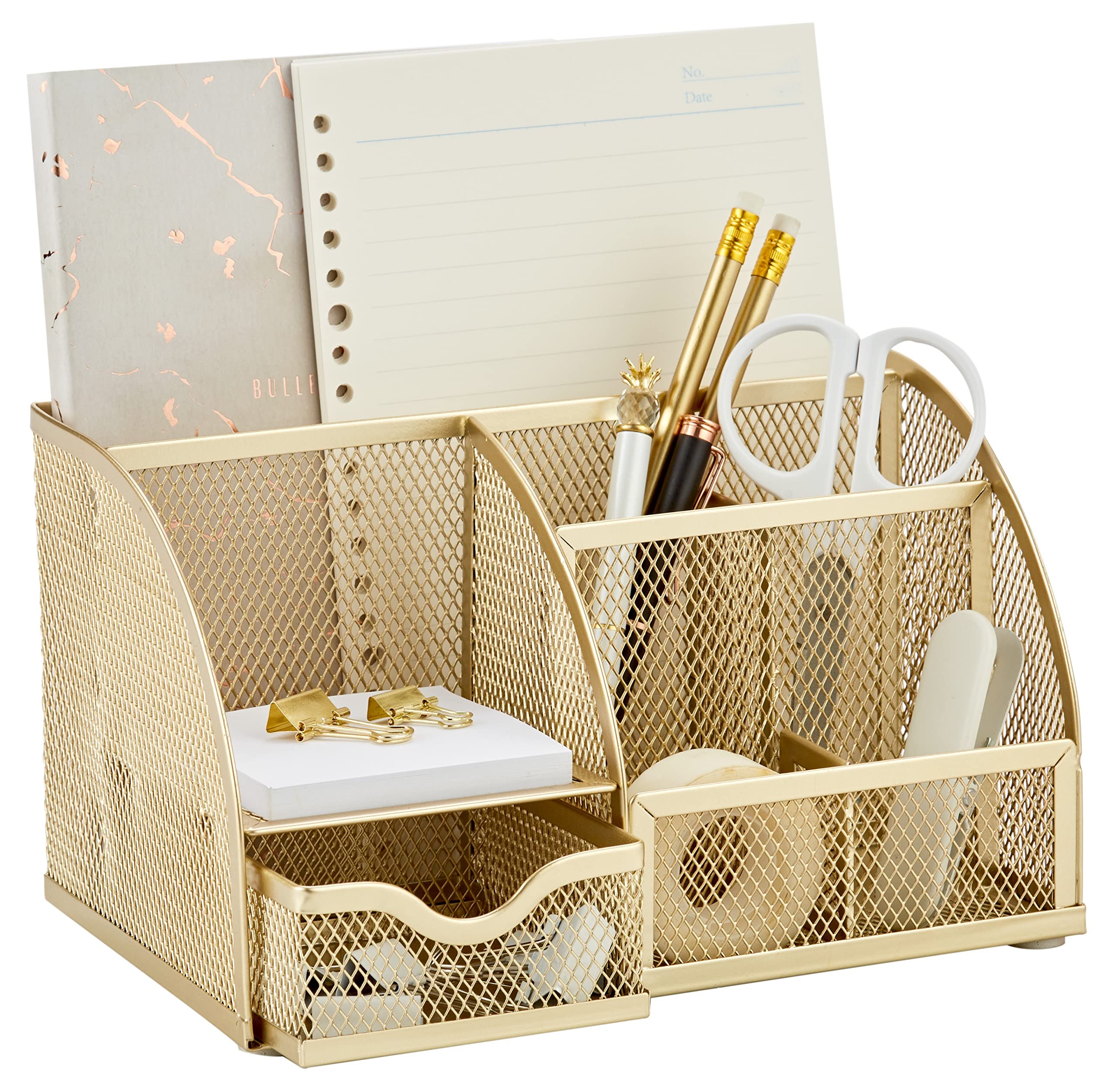 Anova Mesh Desk Organizer with 7 Compartments & Drawer - Office Desk Tidy for Pens, Candy, Supplies - Multifunctional Gold Organizer for Home, Office, School & Workspace Organization