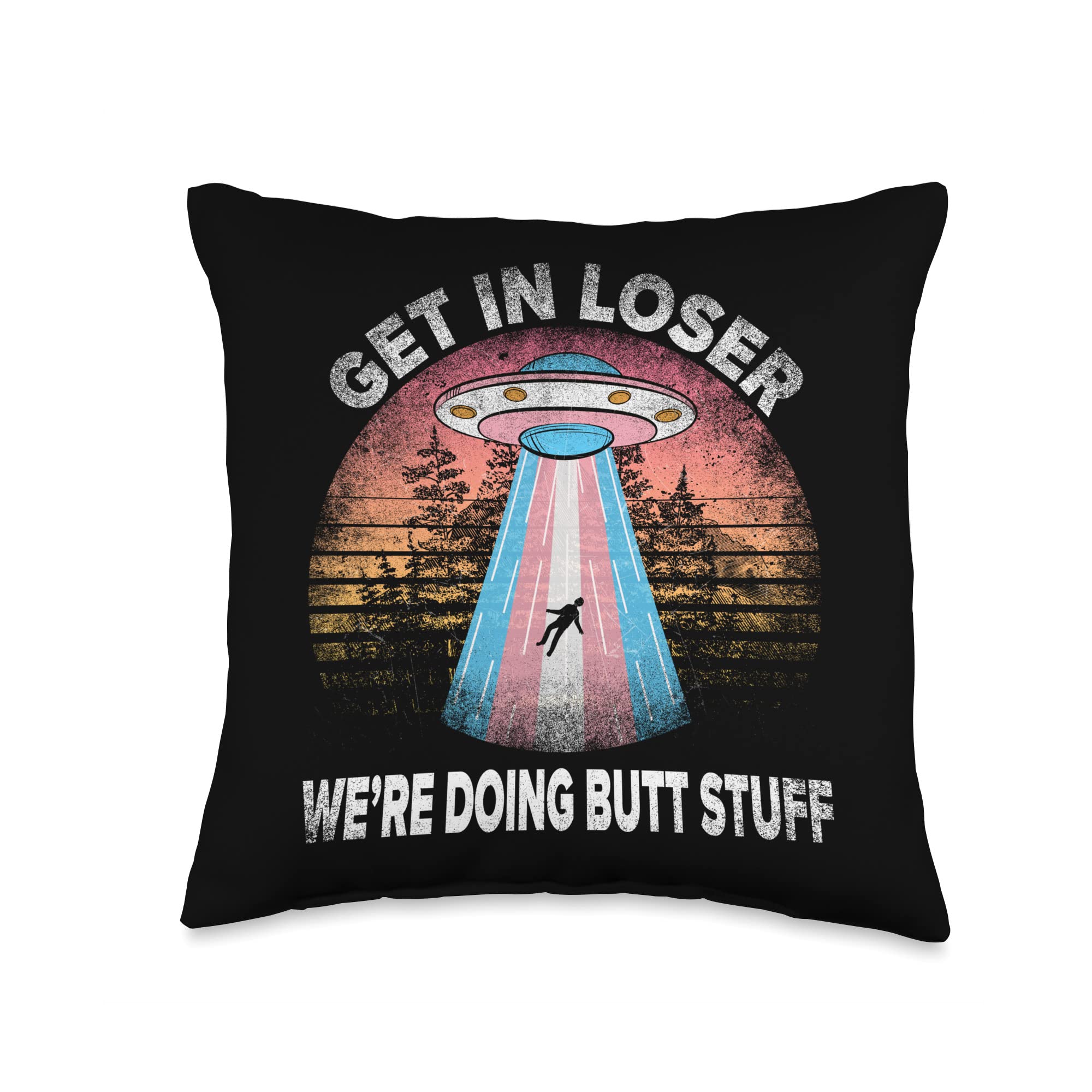 Retro Vintage Sunset Throw Pillow 16x16 - Funny 'Get In Loser We're Doing Butt Stuff' Design - Multicolor Home Decor for Living Room, Bedroom & Dorm