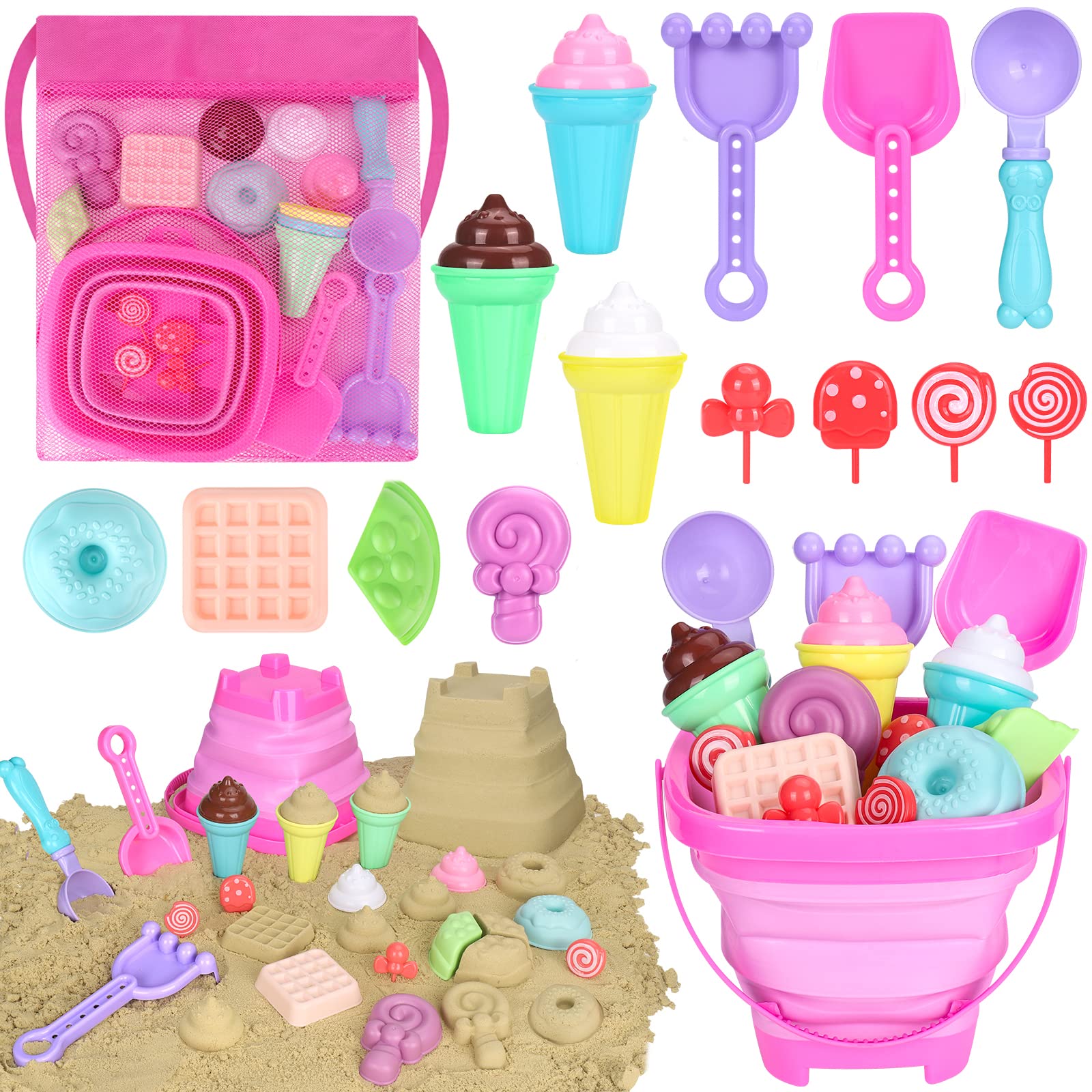 Collapsible Beach Toys Set for Kids & Toddlers - Sand Bucket, Shovels, Mesh Bag & Molds - Portable Travel Sand Toys for Beach, Sandbox, Backyard - Perfect for Ages 3-10 (Boys & Girls) - Great for Summer Vacations, Outdoor Play & Sensory Development