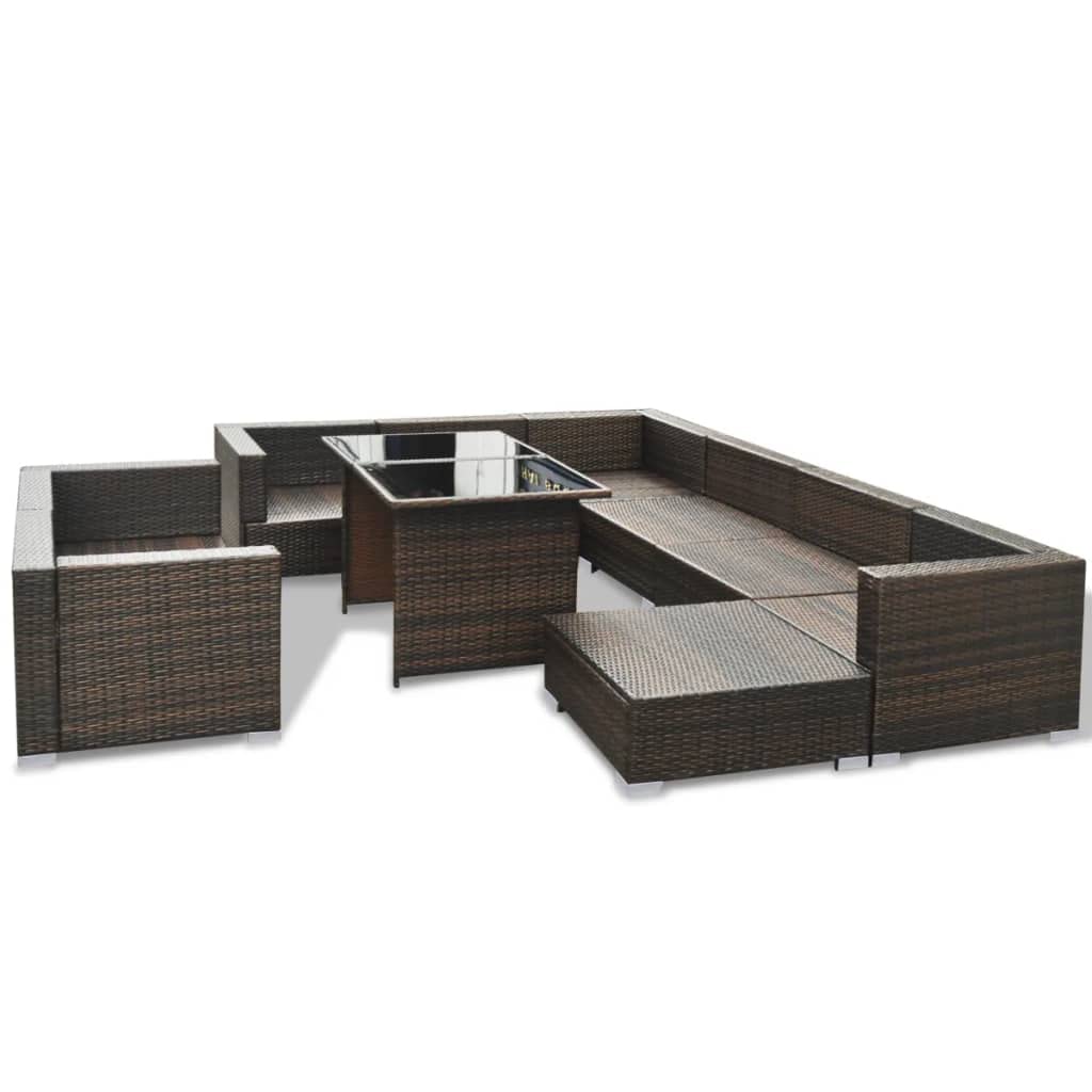 10-Piece All-Weather Outdoor Patio Furniture Set - Brown Poly Rattan Sectional Sofa with Cushions & Coffee Table - Perfect for Yard, Garden, Poolside, Deck or Backyard Relaxation