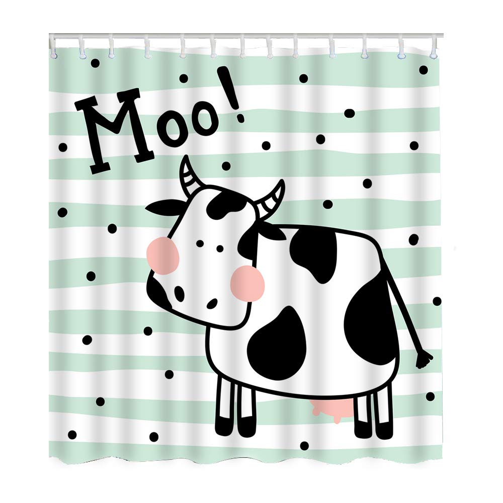 Cute Black and White Cow Shower Curtain with Green Stripes & Polka Dots - Farm Animal Bathroom Decor Set with Hooks, 60x72 Inch Polyester Fabric - Perfect for Farmhouse, Country Style or Kids' Bathroom Decor