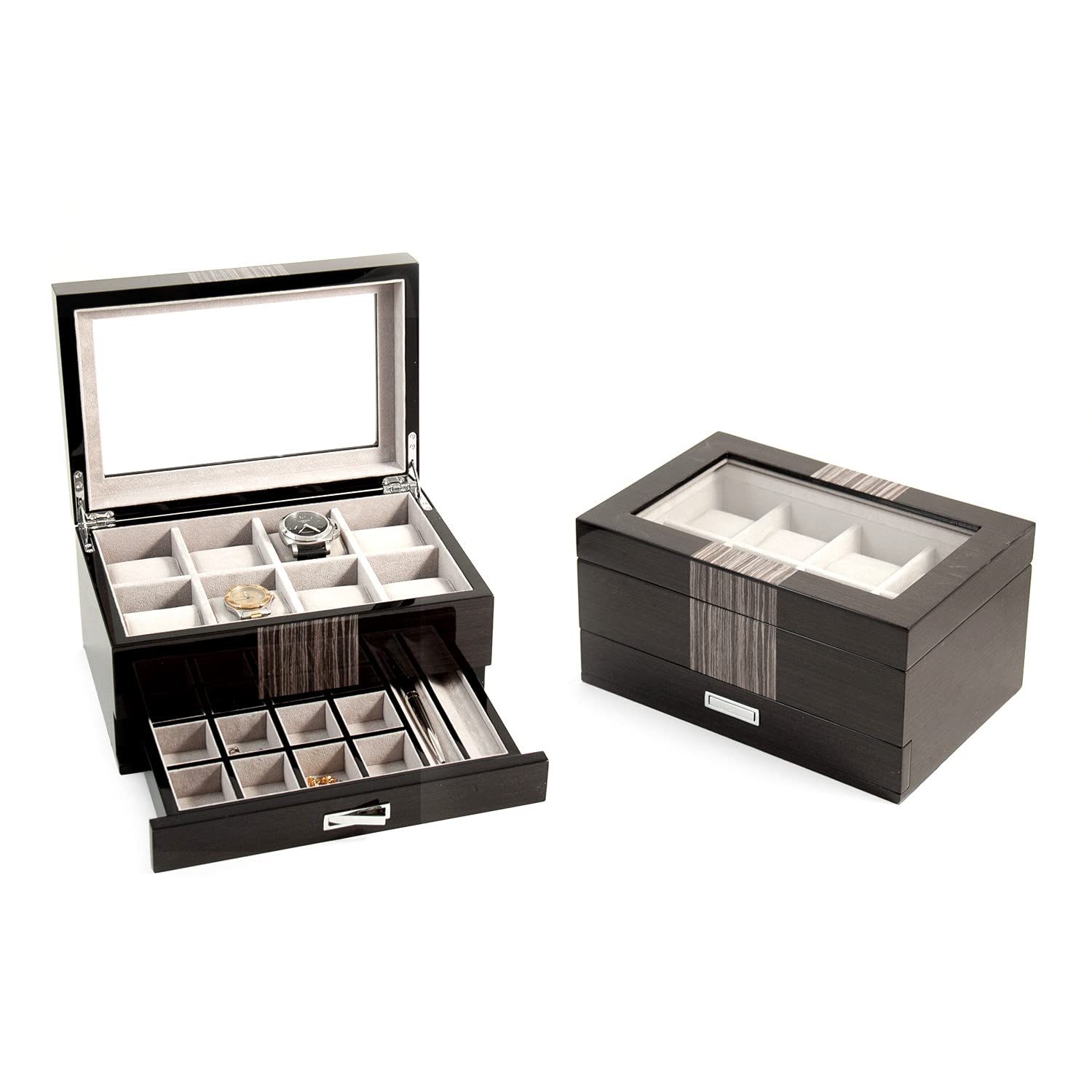 Bey-Berk High Gloss Lacquered Wooden Watch & Jewelry Storage Box with Glass Top - 8 Watch Slots & Drawer for Cufflinks, Pens - Perfect for Dresser Top, Closet Organization & Travel Jewelry Case