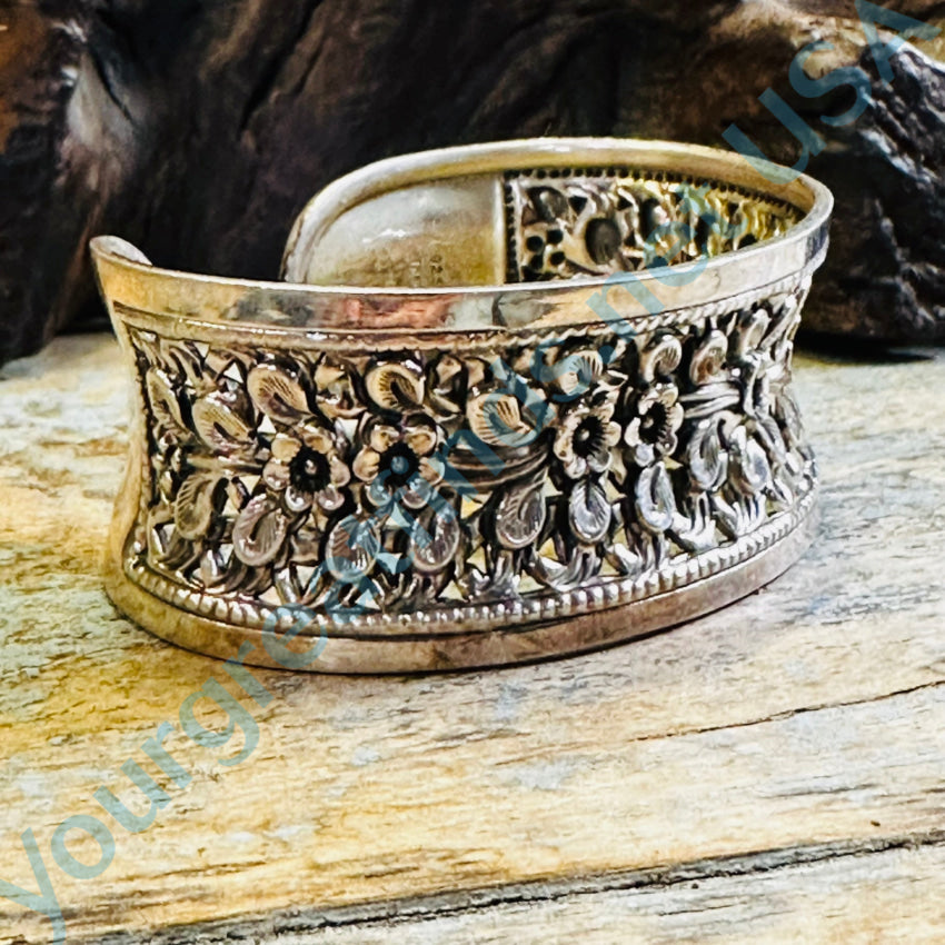 Sterling Silver Wide Floral Cuff Bracelet for Women - Elegant Handmade Boho Jewelry - Perfect for Weddings, Parties & Everyday Wear