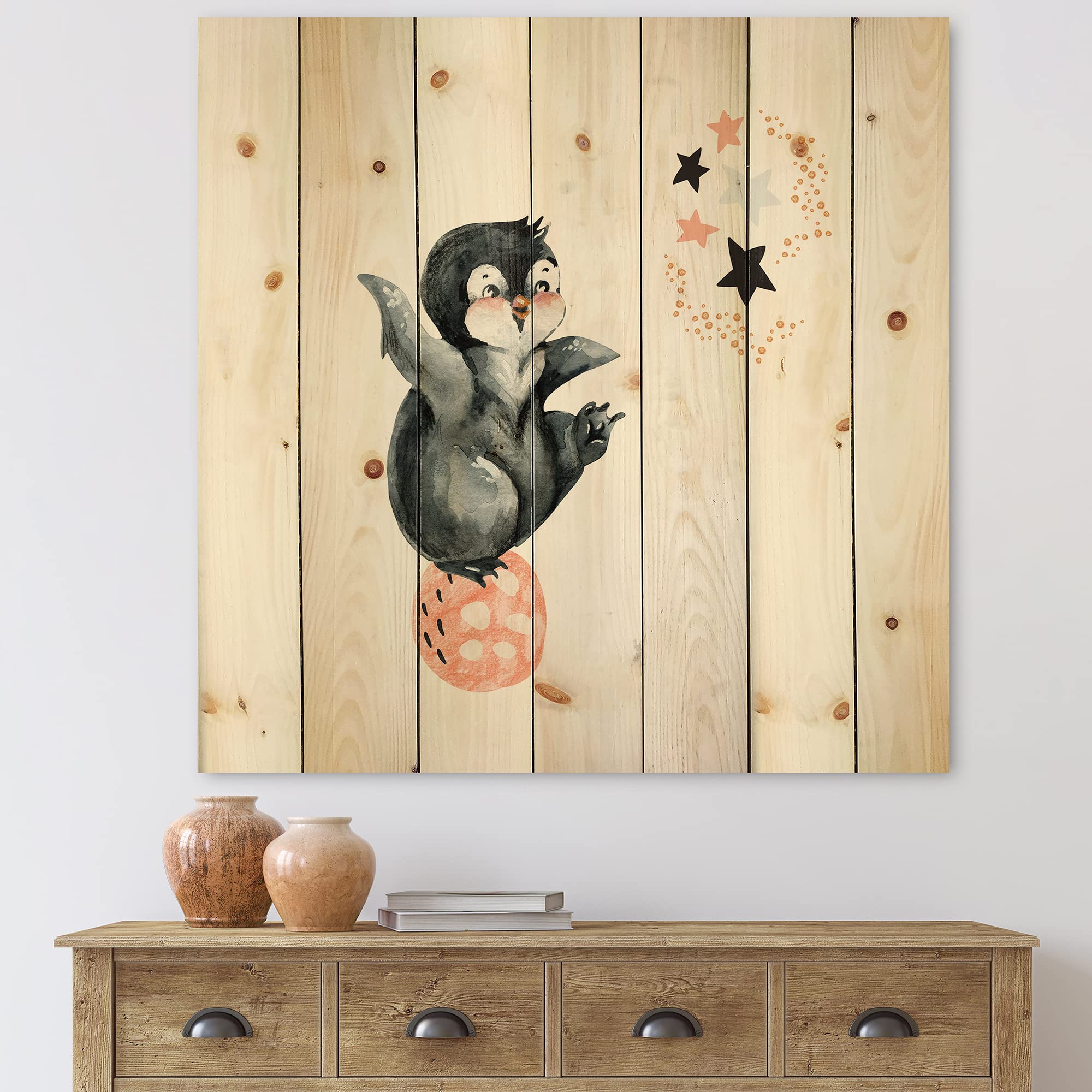 DesignQ Little Penguin with Stars and Planets II - Farmhouse Wood Wall Decor, Grey Wood Wall Art, Large Animal Wood Panels Printed on Natural Pine - Perfect for Nursery, Kids' Room, or Coastal Home Decor