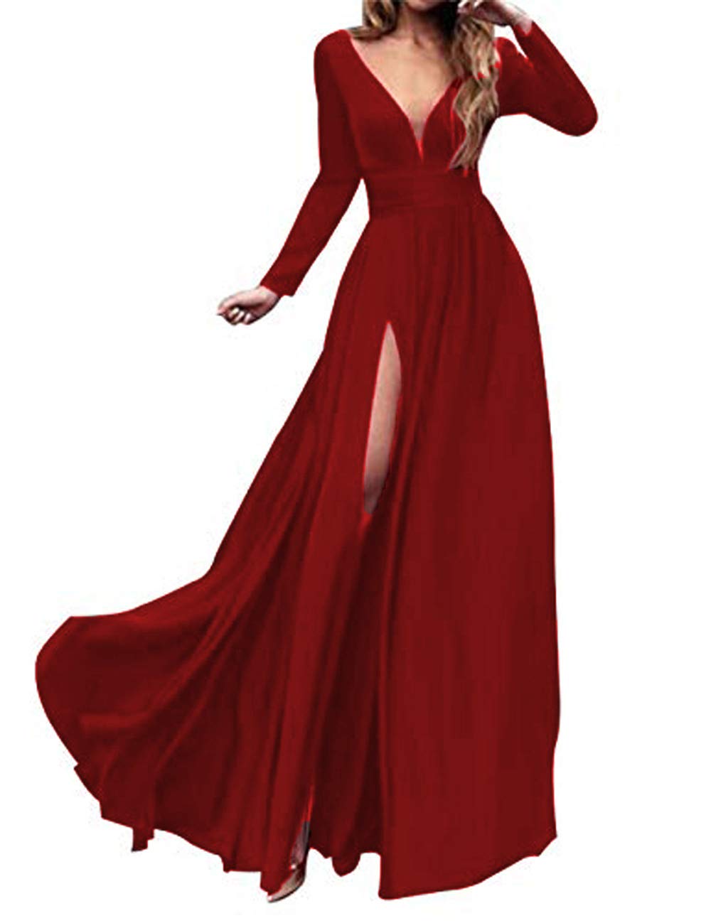 Elegant MariRobe Women's Deep V-Neck High Split Long Evening Dress - Long Sleeve Prom Gown for Parties, Galas & Formal Events | Perfect for Weddings, Red Carpets & Special Occasions