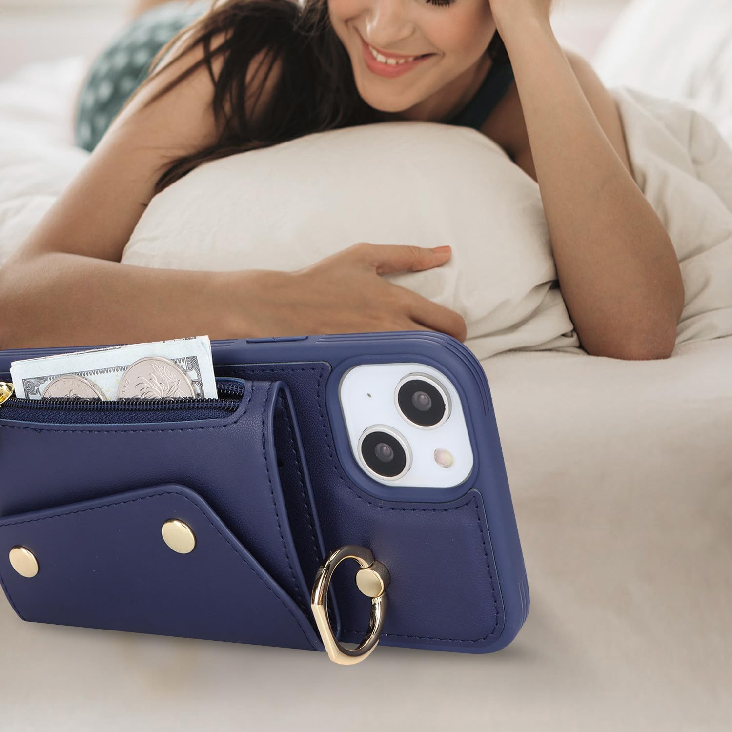 Premium iPhone 15 Wallet Case with Card Holder & Adjustable Crossbody Strap - Zipper Pocket, Stand Ring, 6.1 Inch Protective Phone Cover for Women (Dark Blue) - Perfect for Travel, Shopping & Everyday Use