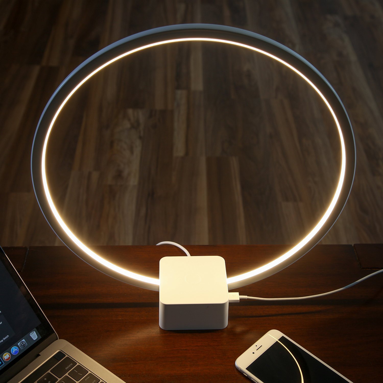 Brightech Circle LED Nightstand Lamp with USB Port - Compact Modern Bedside Lamp for Bedroom, Living Room & Office - Adjustable Desk Lamp for Nightstand, Side Table & Workspace - White - Perfect for Reading, Working & Ambient Lighting